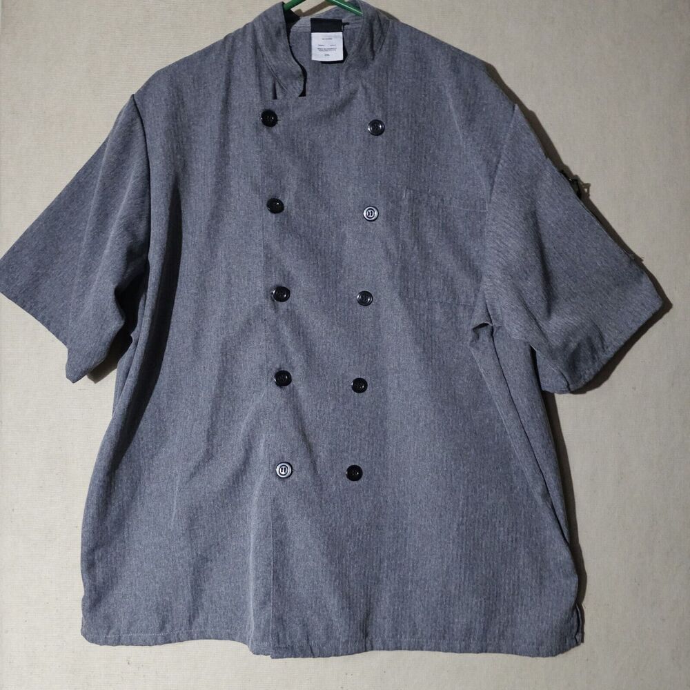 Aramark Chef Shirt Mens Size 2XL Gray And Black Zipped Pocket Short Sleeve